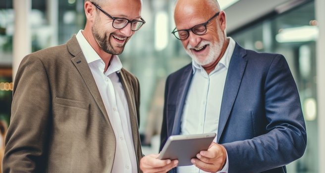 Zwei Männer mit Anzug tauschen sich angeregt zu etwas auf ihrem Tablet aus. Sie sind dabei sichtlich erfreut.