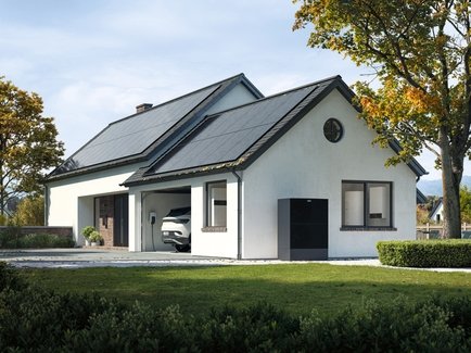 Wärmepumpe vor der Hauswand und im Einfamilienhaus befinden sich die Wärmepumpen-Inneneinheit sowie Stromspeicher und Wallbox in der Garage.