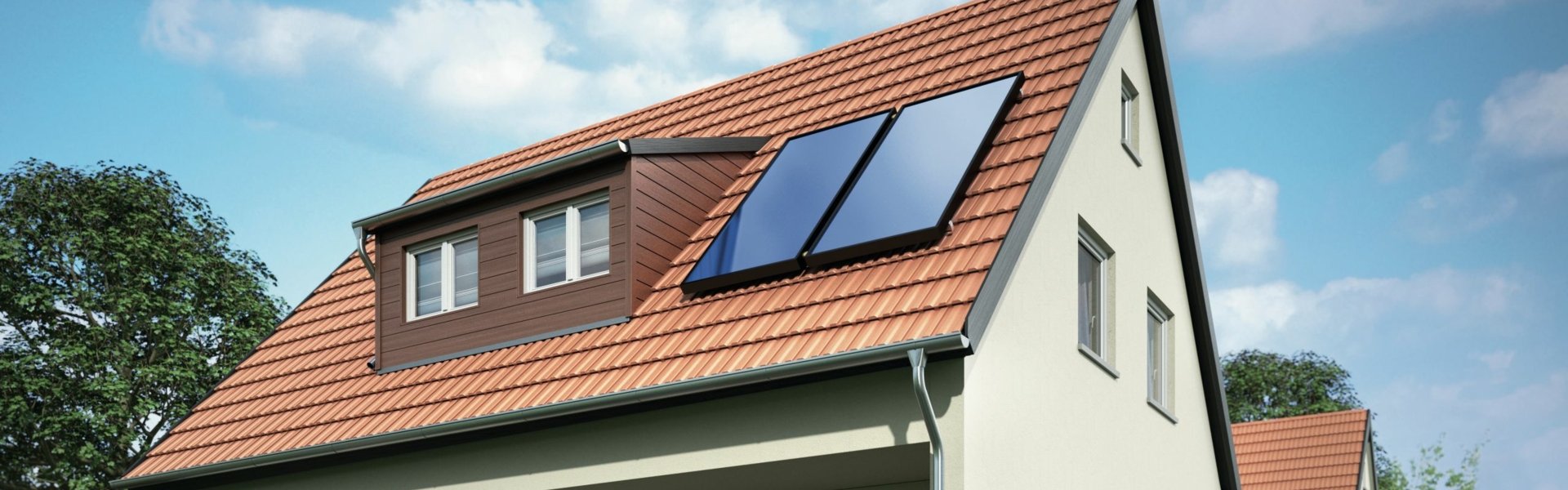 Darstellung der Solarthermieanlage von Viessmann. Zu sehen ist ein Einfamilienhaus mit einer Solarthermieanlage auf dem Dach.