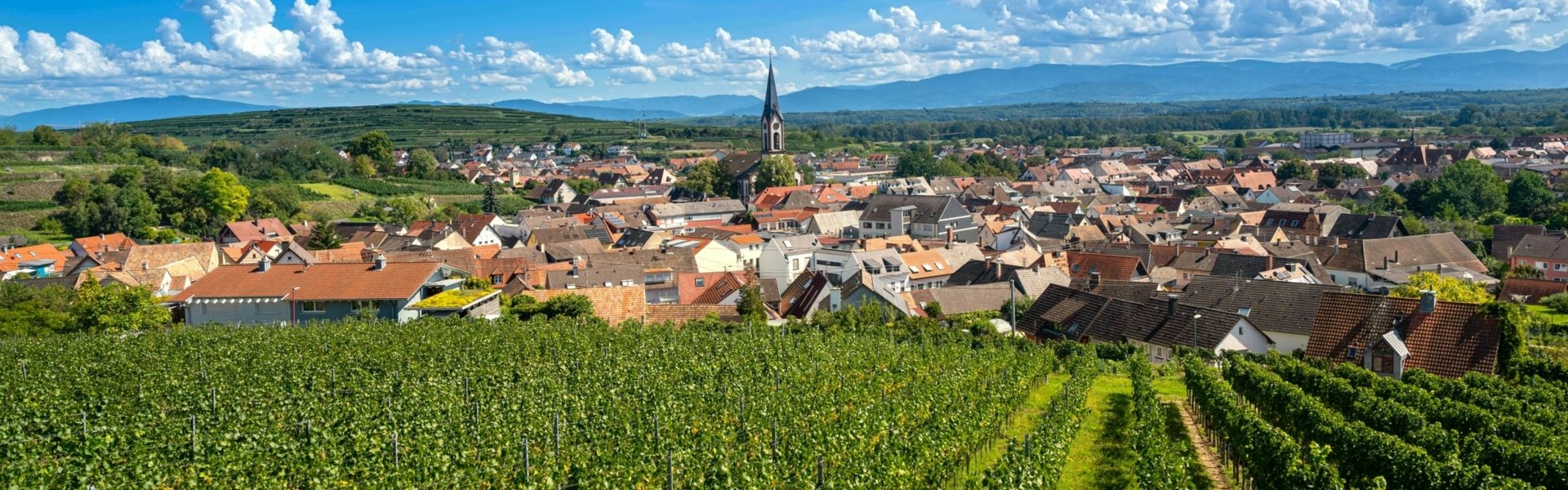 Luftaufnahme einer baden-württembergischen Kommune auf der im Vordergrund Agrarfläche und im Hintergrund der Ortskern mit Kirchturm zu sehen sind.