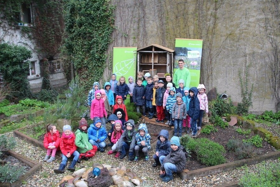 Erdgas Südwest baut Wildbienenhotel für das KleverHaus: 34 Kindern aus dem Flößerkindergarten in Steinmauern