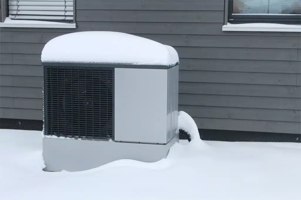 Schneebedecktes Außengerät einer Wärmepumpe mit Ventilator in einem Garten vor einem Haus im Winter