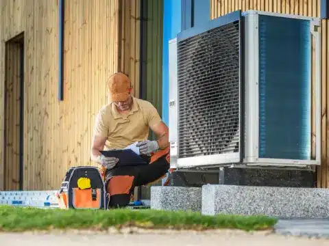 Techniker bei der Installation der Außeneinheit einer Wärmepumpe.